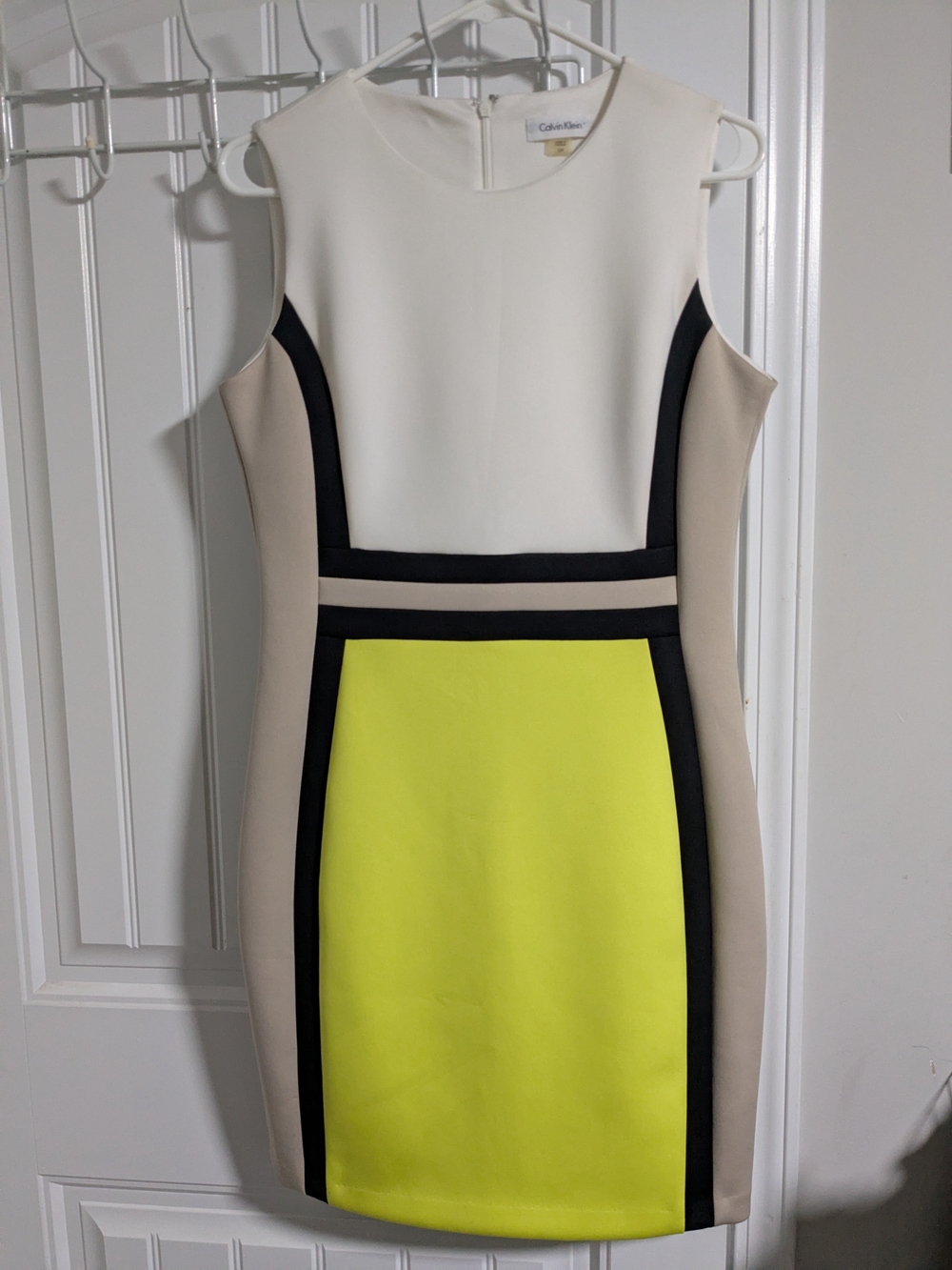 Calvin Klein White, Beige & Yellow Colorblock Sleeveless Sheath Dress